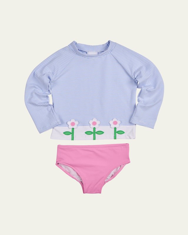 Girl's Floral Seersucker 2-Piece Rashguard Swim Set, Size 2-6